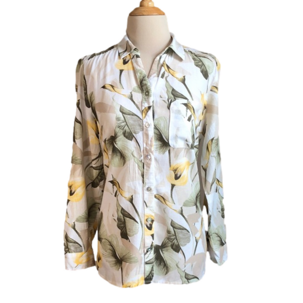 CHICO'S Size 1 (US‎ M) Linen Blend Tropical Button Up Blouse Roll Tab Sleeve